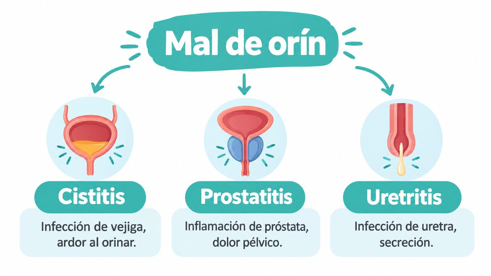 Infografía sobre el mal de orín mostrando tres condiciones: cistitis, prostatitis y uretritis con sus síntomas característicos.