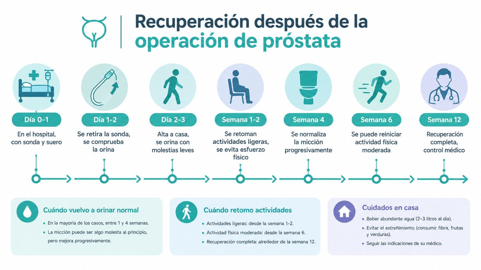 Infografía sobre el proceso de recuperación paso a paso tras someterse a una operación de próstata.